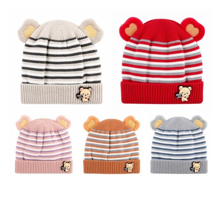 Gorro para bebé invierno forrado rayado con orejitas