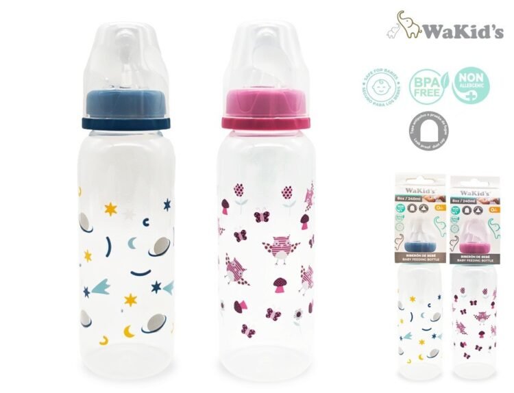 Mamadera 240ml con tetina  de silicona anti-cólicos con asas