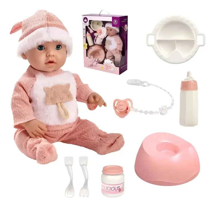 Bebote de vinilo y plástico 41cm con accesorios conjunto rosa