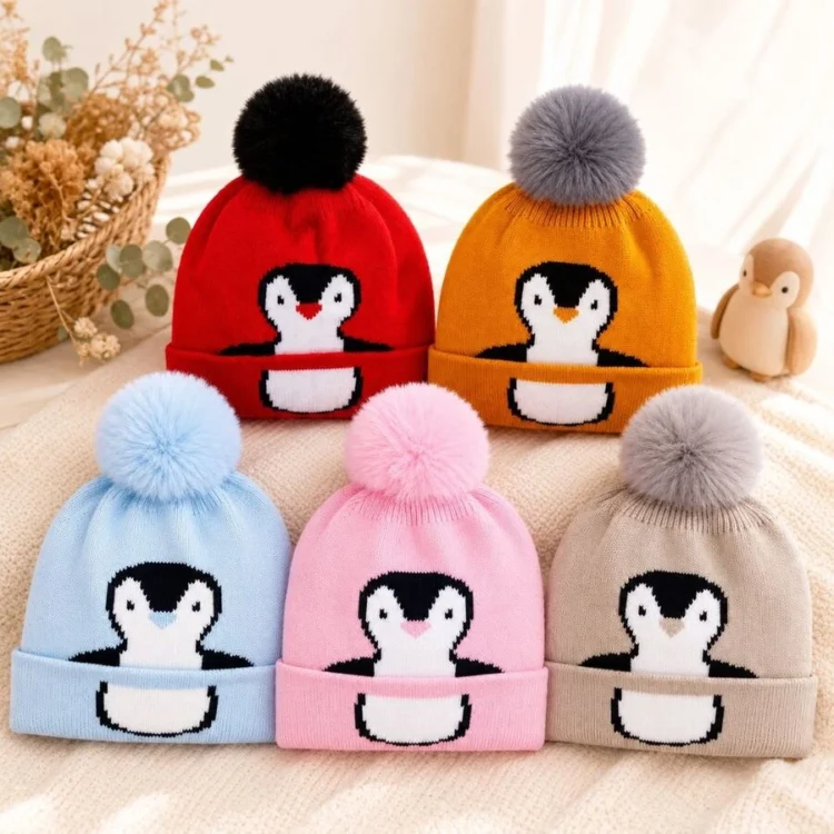 Gorro para bebé invierno liso con pompón diseño pingüino 0 a 12meses